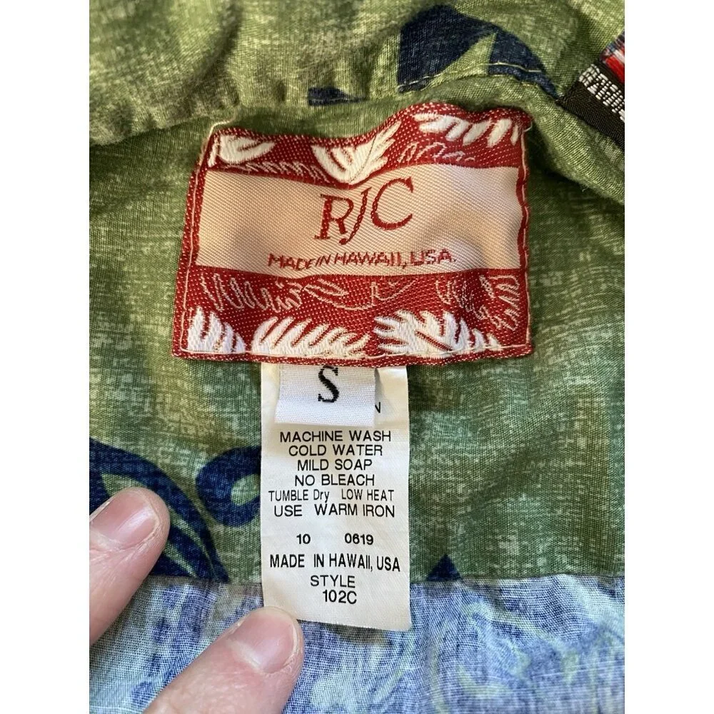 RJC Mens Size S Green & Blue Hawaiian Shirt Geometric Floral Print Made in USA